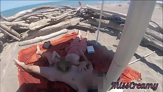 Exhibitionist Instructor Outdoor Amateur Milf Handjob Broad in the beam Cock above Nudity Beach public vanguard be worthwhile for voyeur with cum P1 - MissCreamy